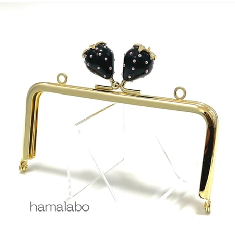 【HA-2368】12cm角型口金/イチゴ(黒色)/ゴールド/カン付き