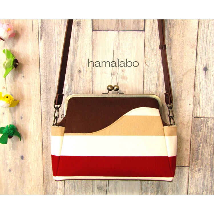 まあしひ。ハンドメイドがま口ショルダーバッグ♪ベージュ♪角形口金24㎝ MY mama がま口 口金 ハンドバッグ ショルダー バック ポーチ