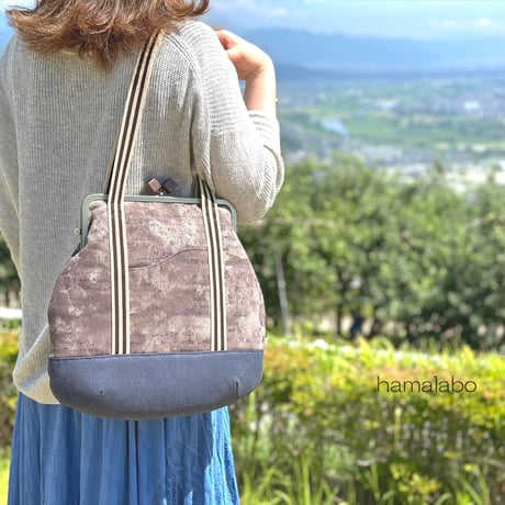 【HA-2171】竹の口金24cm(大きな茶色の木キューブ×アンティークゴールド)・兼用カン付き