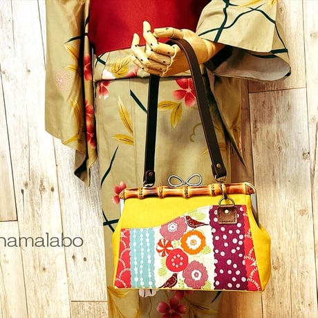 【HA-2171】竹の口金24cm(大きな茶色の木キューブ×アンティークゴールド)・兼用カン付き