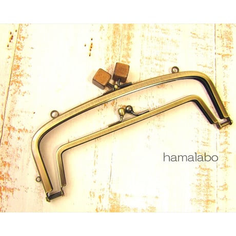 【HA-2018】親子口金 19cm(茶色の木キューブ×アンティークゴールド)・カン付き