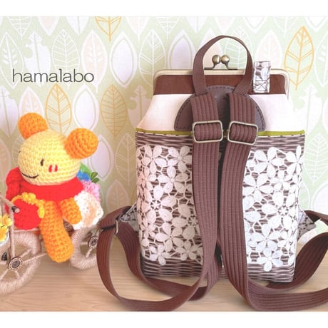 【KT-2123-SET】がま口ミニリュックの型紙＆レシピ(リュックインバッグの型紙＆レシピ付き)【18cm/角型用】