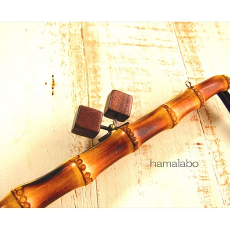 【HA-2171】竹の口金24cm(大きな茶色の木キューブ×アンティークゴールド)・兼用カン付き