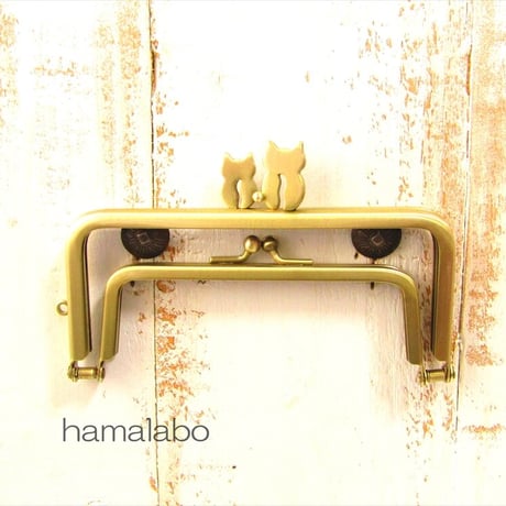 (廃盤予定)【HA-1976】「ネコの親子」の親子口金 12cm/角型(アンティークゴールド)