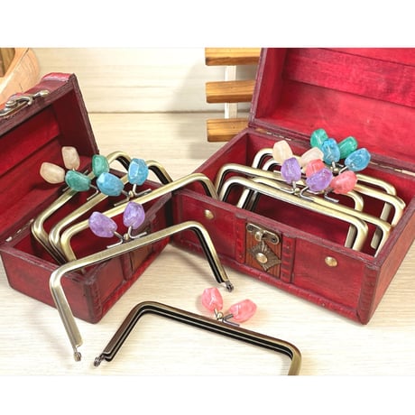 【HA-2407】12cm角型口金/天然石風のストーン(ピンク)/アンティークゴールド