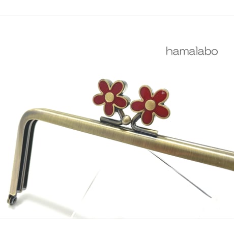 【HA-2405】12cm角型口金/メタルフラワー赤色/アンティークゴールド