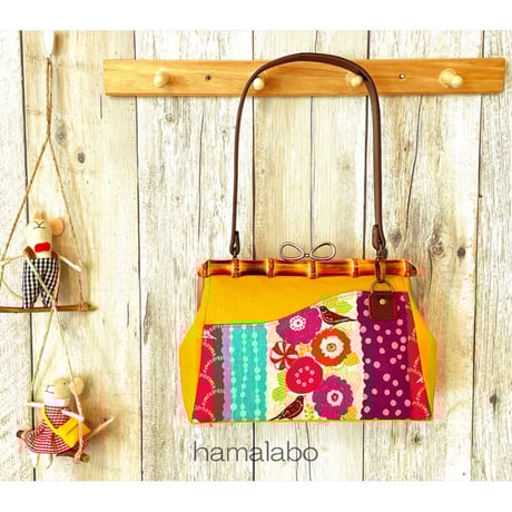 【HA-2171】竹の口金24cm(大きな茶色の木キューブ×アンティークゴールド)・兼用カン付き