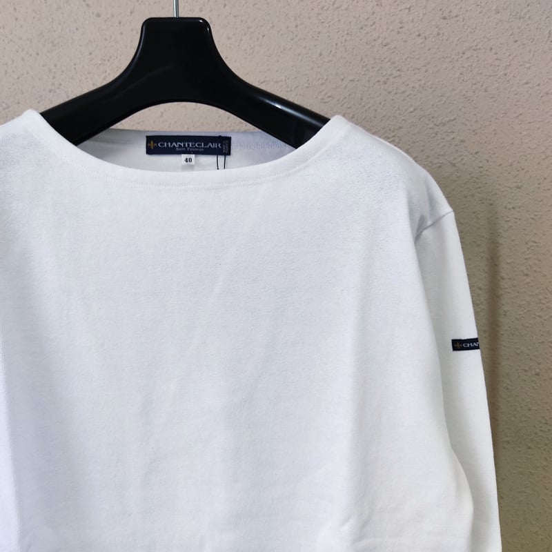 CHANTECLAIR】 エルボーパッチボートネック長袖無地バスクシャツ/WHITE  