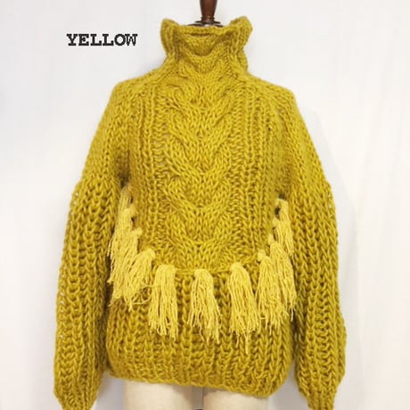 #1947011 手編みケーブル　フリンジニットタートルネック　WOOL 100%