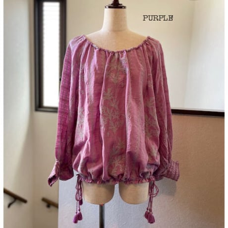 コットンスラブボイル　花柄xスモック刺繍　 チュニック　ビッグスリーブブラウス　#2314001
