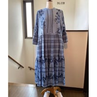 コットンスラブボイル　花柄xスモック刺繍　 3/4袖　ティアードワンピース　#2313005