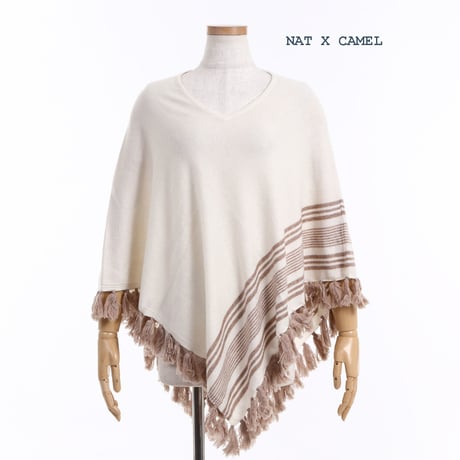 MERINO WOOL 12GG ボーダー＆フリンジポンチョ#1747002