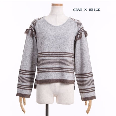 MERINO WOOL 12GG ボーダー＆フリンジニット #1747001