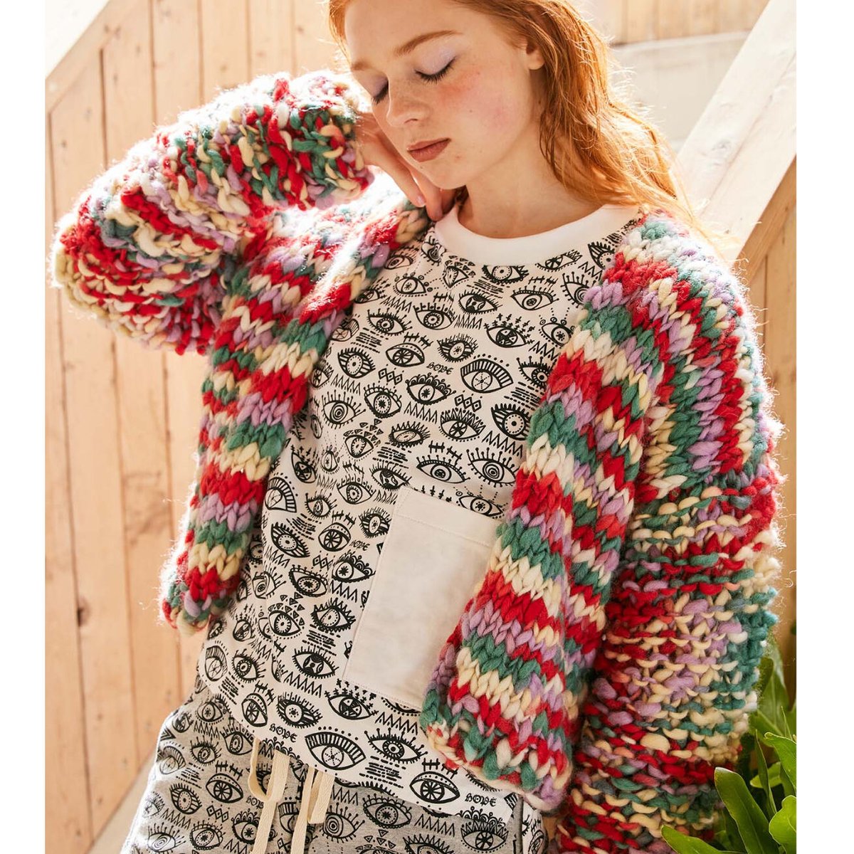 かすり染め WOOL100% 手編みニット カーディガン #2147215 かすり染め WOOL100% 手編みニット カーディガン #2147215