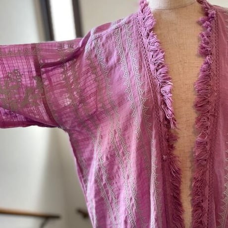 コットンスラブボイル　花柄xスモック刺繍羽織り　 ローブ　キモノガウン　#2311004