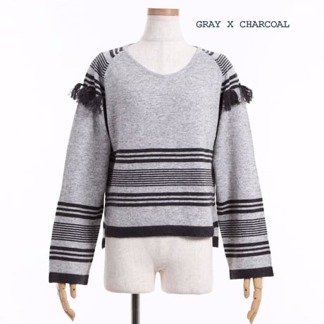 MERINO WOOL 12GG ボーダー＆フリンジニット #1747001