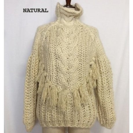 #1947011 手編みケーブル　フリンジニットタートルネック　WOOL 100%