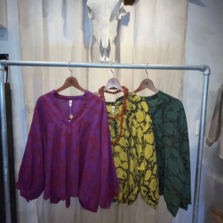 ダブルガーゼ　ブロックプリント　3/4sleeve tops #2613024
