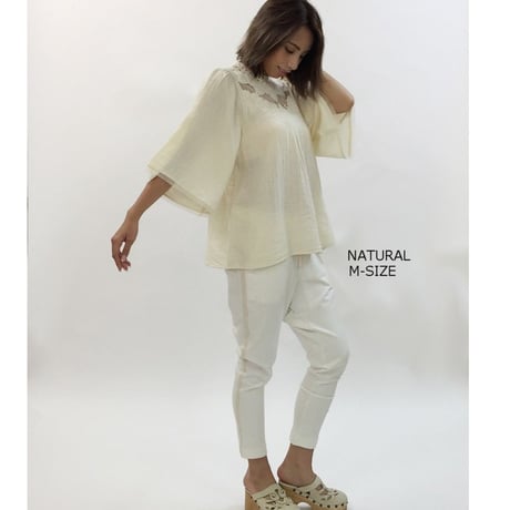 コットンダブルガーゼXレース　ギャザースリーブ　ブラウス#1814004