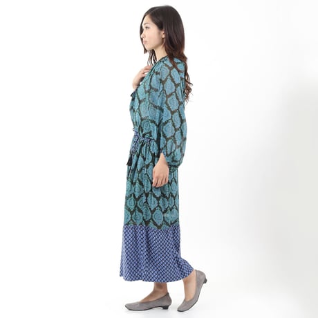 ヴィスコース X ジョーゼットプリント切替BOHO ワンピ#1723031