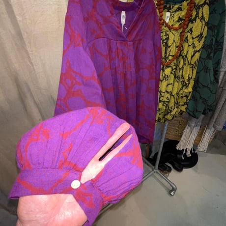 ダブルガーゼ　ブロックプリント　3/4sleeve tops #2613024
