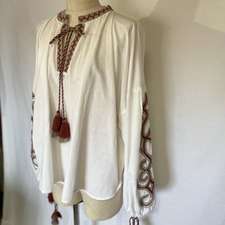 コットンフラックス　オマージュ刺繍　ビッグタッセル　BOHO チュニックブラウス#2214025