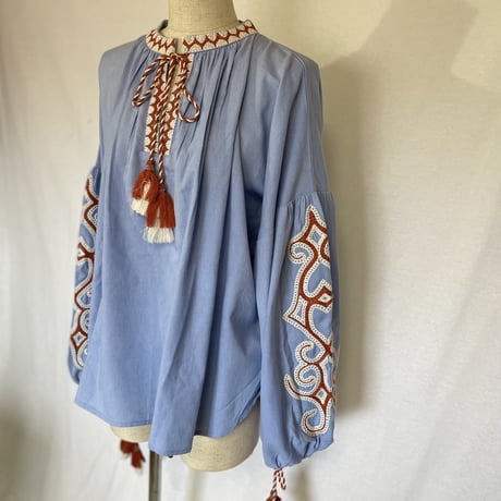 コットンフラックス　オマージュ刺繍　ビッグタッセル　BOHO チュニックブラウス#2214025