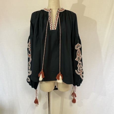 コットンフラックス　オマージュ刺繍　ビッグタッセル　BOHO チュニックブラウス#2214025