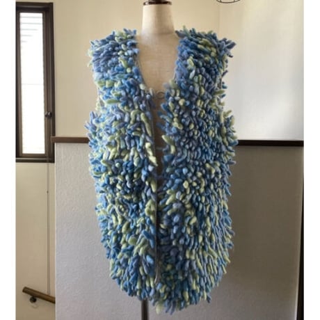 かすり染め WOOL100% 手編みフリンジニット　イエティベスト　#2347104