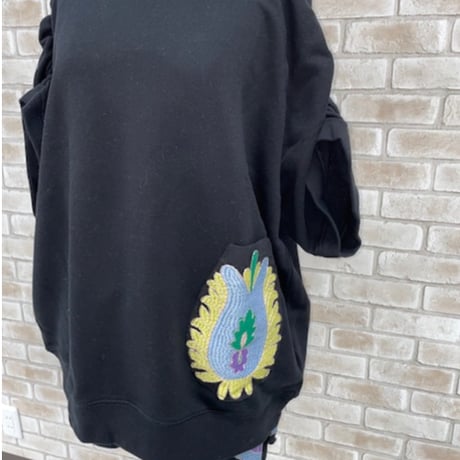 ソフト裏毛 刺繍ギャザースリーブ　トップス/リメイク/#2439030