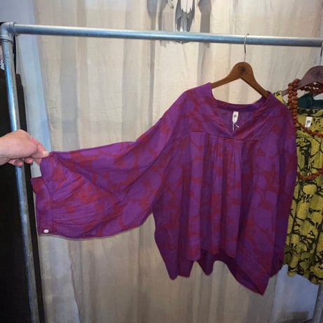 ダブルガーゼ　ブロックプリント　3/4sleeve tops #2613024