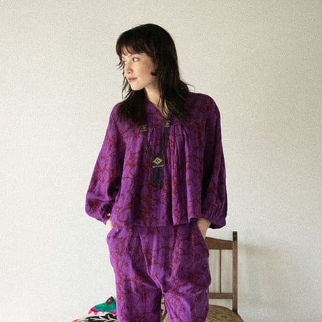 ダブルガーゼ　ブロックプリント　3/4sleeve tops #2613024