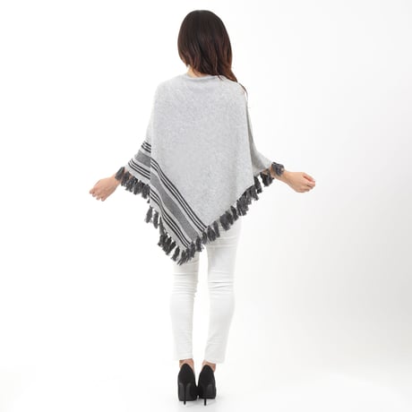 MERINO WOOL 12GG ボーダー＆フリンジポンチョ#1747002