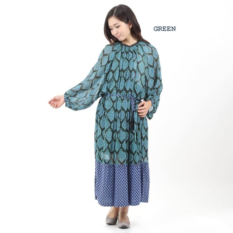 ヴィスコース X ジョーゼットプリント切替BOHO ワンピ#1723031