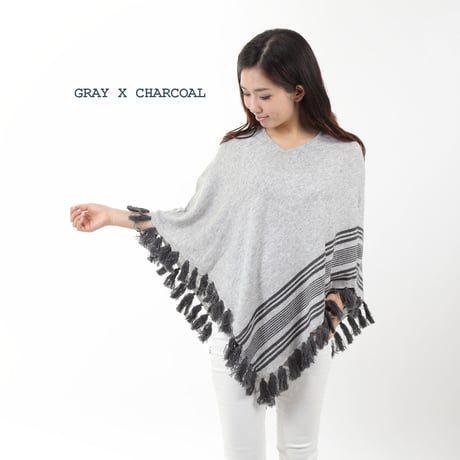 MERINO WOOL 12GG ボーダー＆フリンジポンチョ#1747002