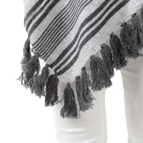 MERINO WOOL 12GG ボーダー＆フリンジポンチョ#1747002