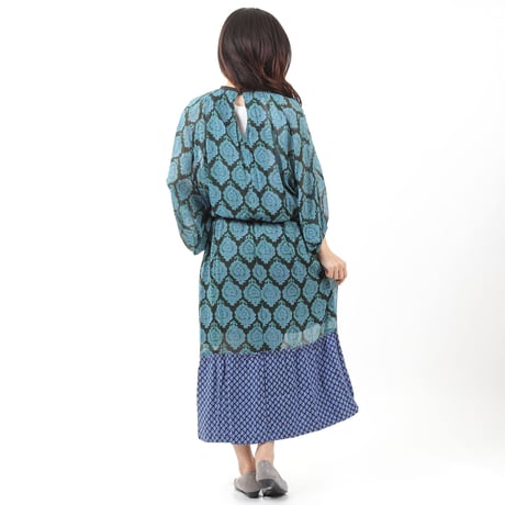 ヴィスコース X ジョーゼットプリント切替BOHO ワンピ#1723031