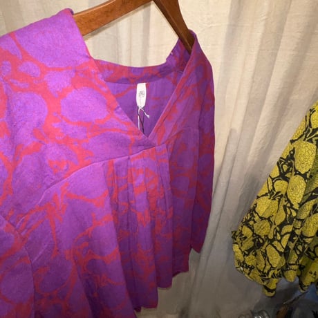 ダブルガーゼ　ブロックプリント　3/4sleeve tops #2613024