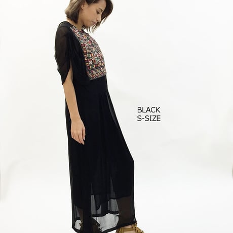 ジョーゼットアンティーク刺繍パッチドレープスリーブワンピース#1813017