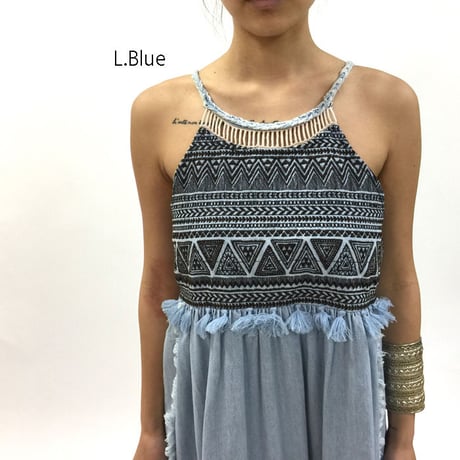 6oz Light oz Denim Stone wash フリンジ＆刺繍ワンピ#1753003