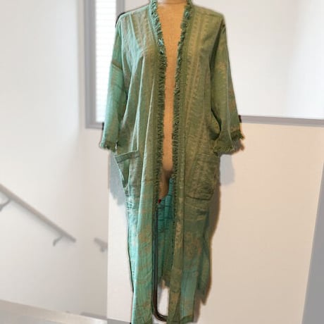 コットンスラブボイル　花柄xスモック刺繍羽織り　 ローブ　キモノガウン　#2311004