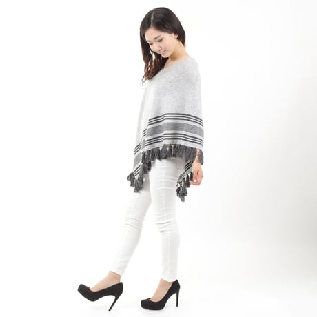MERINO WOOL 12GG ボーダー＆フリンジポンチョ#1747002