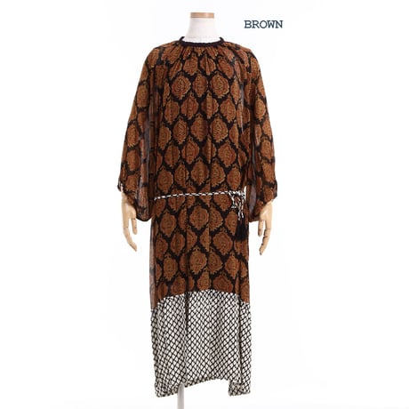 ヴィスコース X ジョーゼットプリント切替BOHO ワンピ#1723031