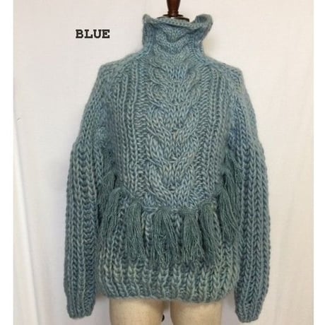 #1947011 手編みケーブル　フリンジニットタートルネック　WOOL 100%