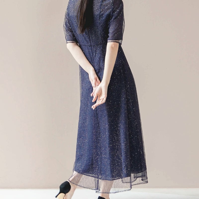 kaene ラメミックスエアリードレス　ネイビー ドレス ワンピース　34 新 kaene｜ラメミックスエアリードレス | Rakuten Fashion(楽天