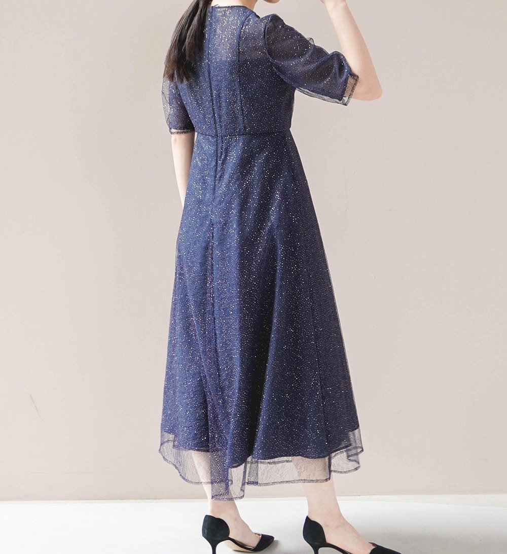 kaene ラメミックスワンピース ( オレンジ／ネイビー ) | エイプリル