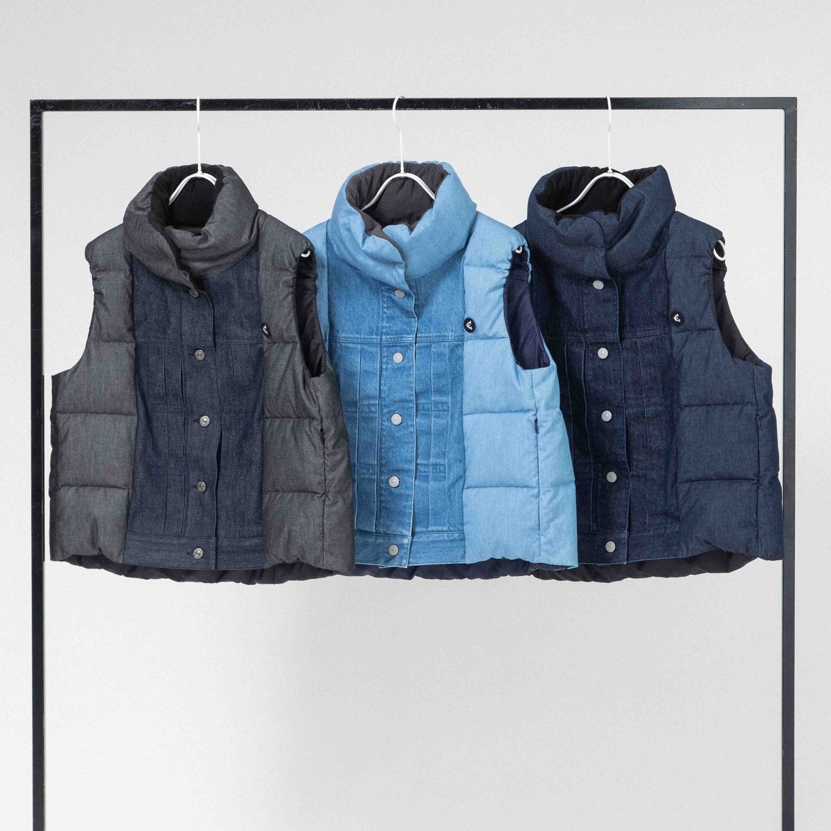 BLANC Basqueダウンベスト オリーブグリーン/ネイビー ダンガリー＆デニム ライトダウンベスト 【BB55-516】 | BLANC basque