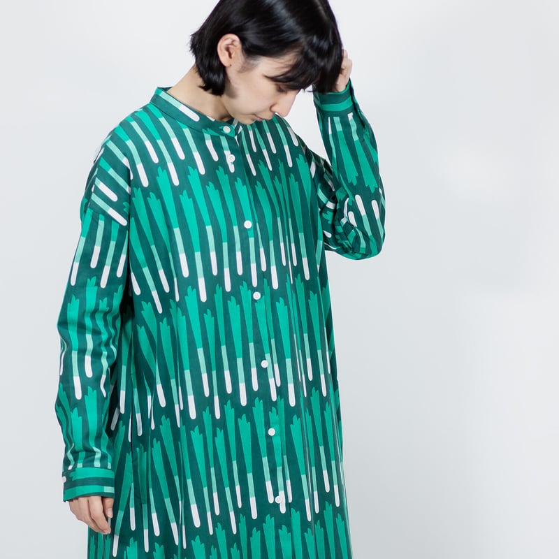 長袖シャツワンピース 九条ねぎ（緑） | 青衣 あをごろも