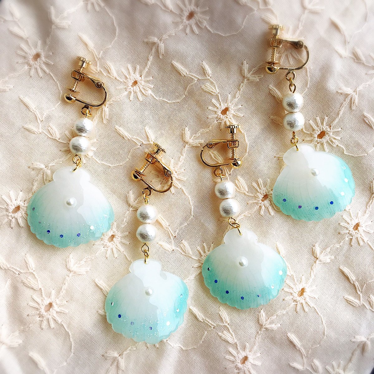 【1193】小さな海と巻き貝のピアス／イヤリング 1193】小さな海と巻き貝のピアス／イヤリング