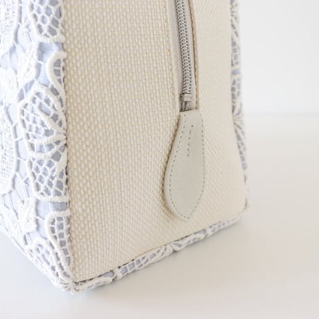 利休バッグ  / White  Lace & Blue Linen / R_1053